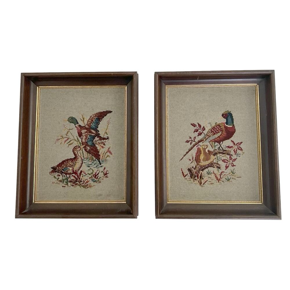 Set of 2 needle art wall vintage needlepoint tapestry pheasant birds
